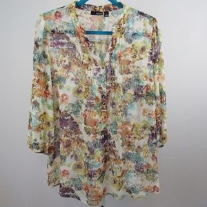 a.n.a Floral Semi Sheer Peasant Blouse L